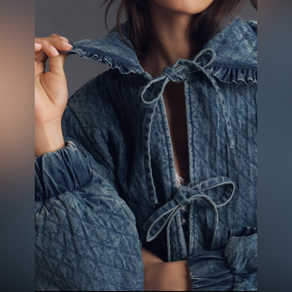 Anthropologie Avec Les Filles The Maura Bow-Tie Denim Jacket Quilted Blue Casual - Picture 3 of 8
